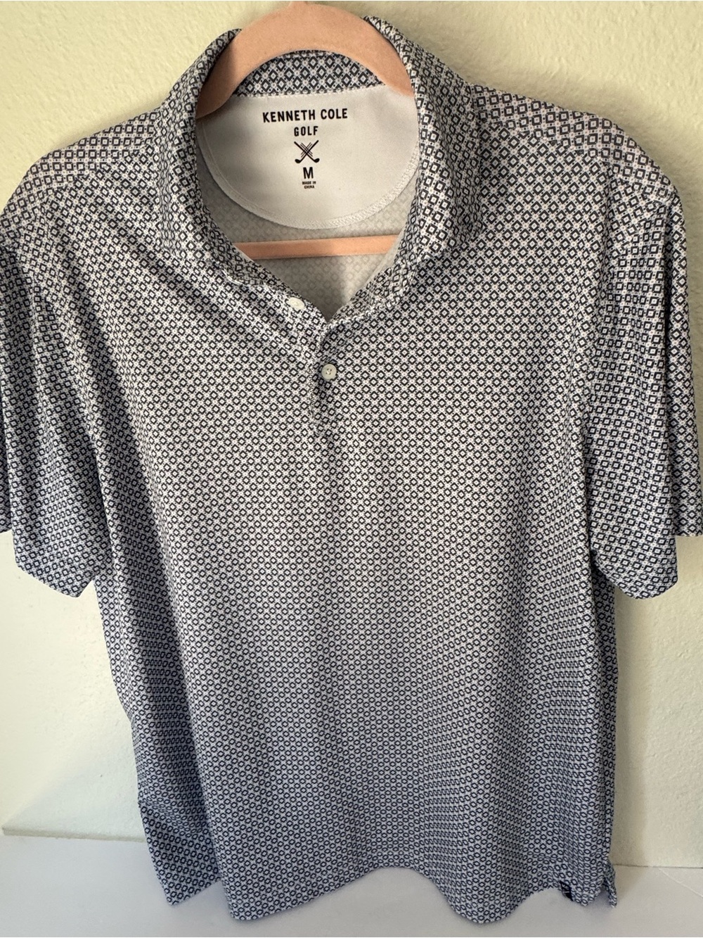 Kenneth Cole Blue and White Printed Short Sleeve Polo SZ M